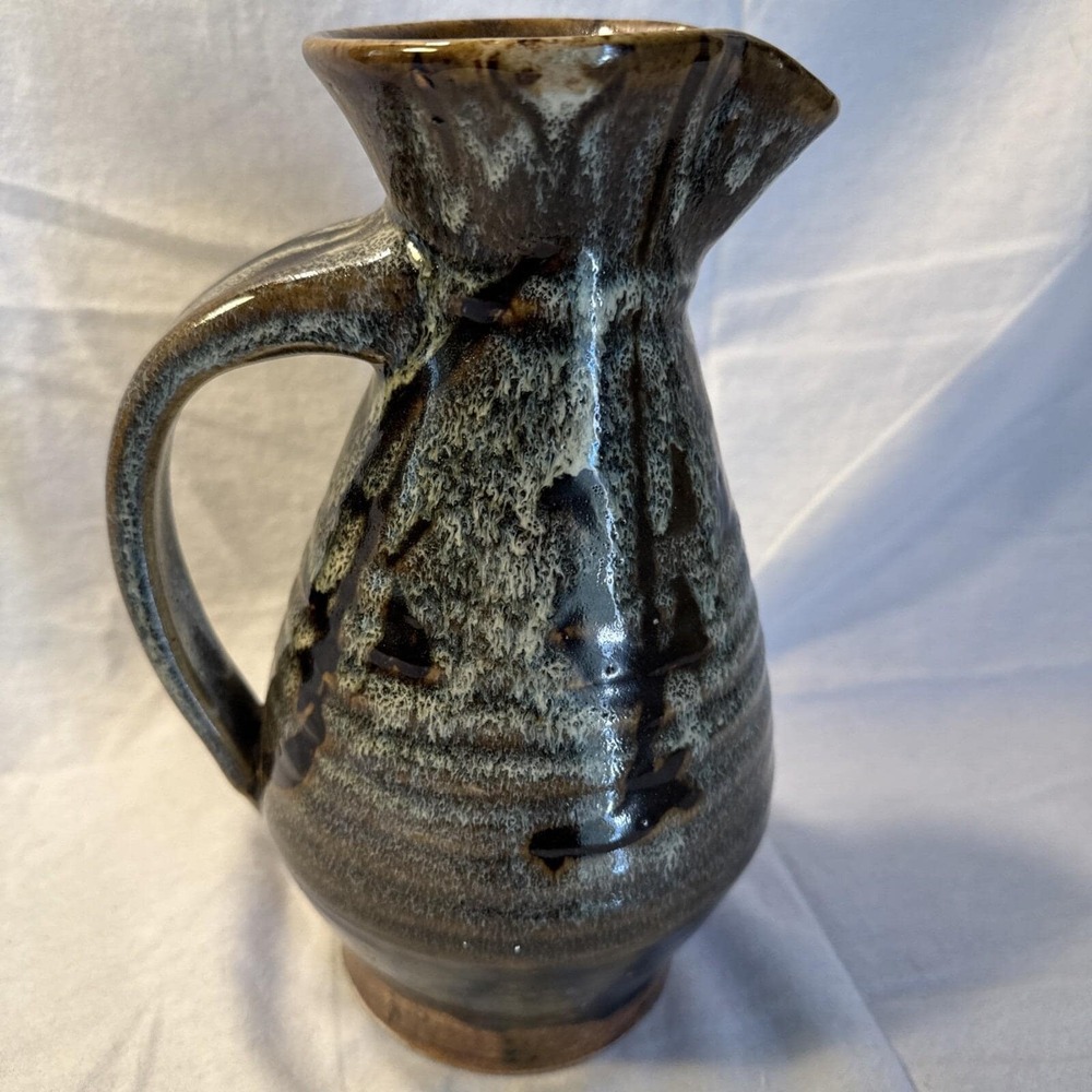 Studio Art Pottery Ceramic Pitcher Water Jug Gray Green Brown Handmade 9.5"
